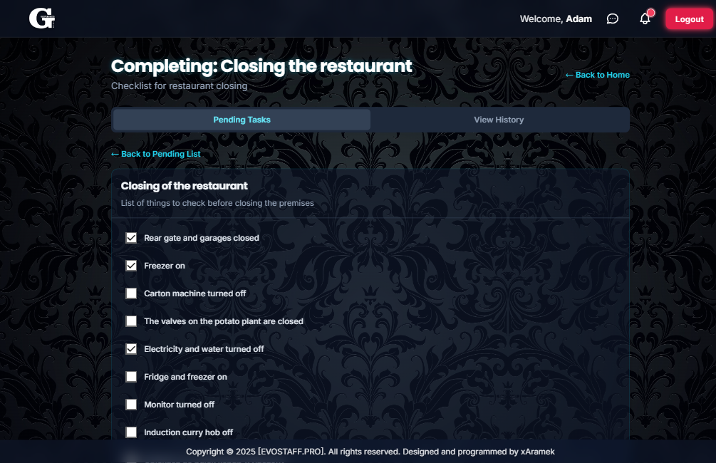 Staff Panel - Checklist